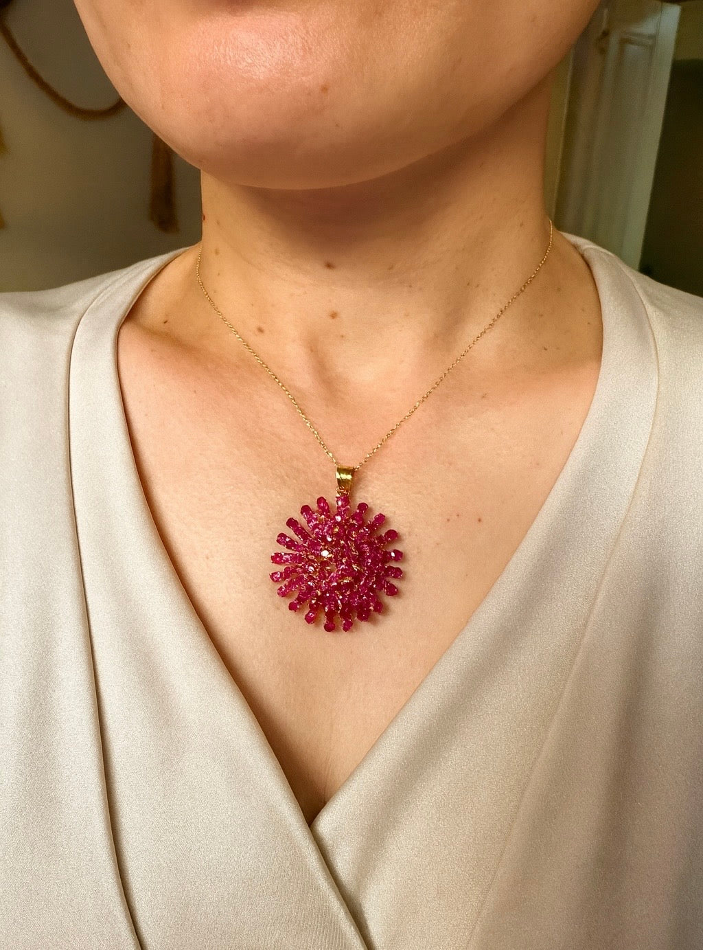 Majestic Natural Unheated Burmese Rubies Sunburst Pendant in 20K Solid Gold