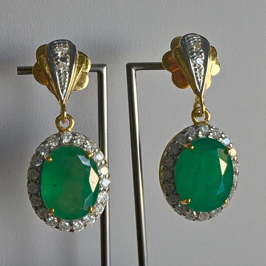 Timeless Natural Emerald & Diamond Dangle Earrings in 20K Solid Gold