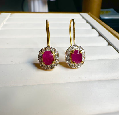 Natural unheated Burmese rubies (1.5CT) and natural diamond drop earrings in 20K solid gold
