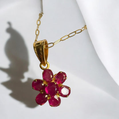 Flower Pendant with Natural Unheated Burmese Rubies in Solid Gold Chain.