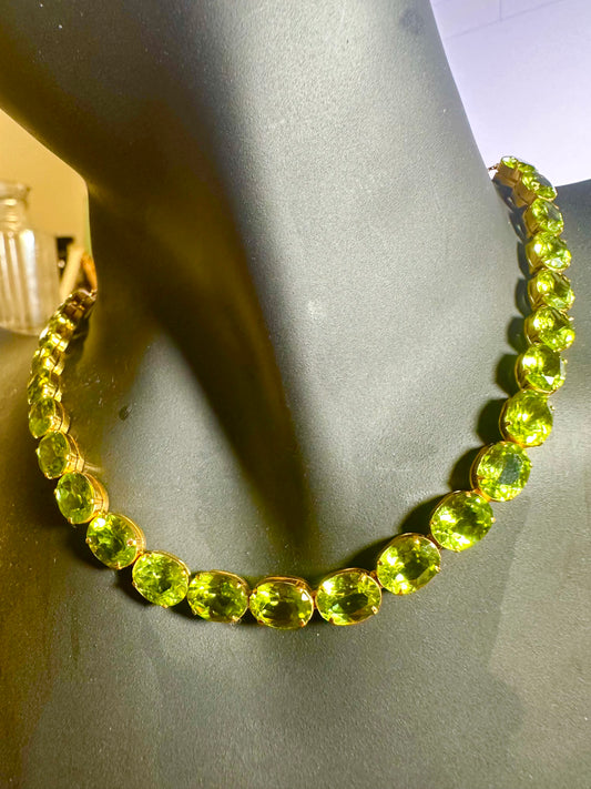 Natural Unheated Burmese Peridot (31.55 CT) Tennis Necklace in 18K Solid Gold