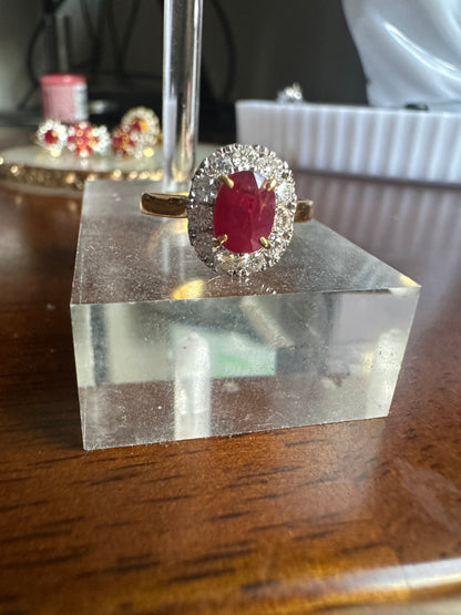 Natural Unheated Burmese Ruby (1.45ct) Diamond Halo Engagement Ring – 18K Yellow Gold