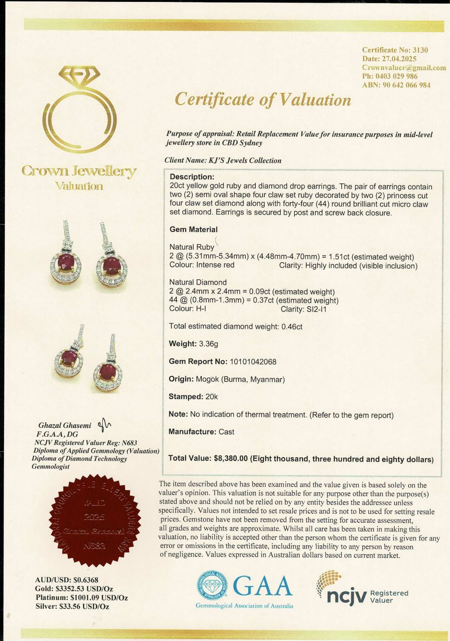 Natural unheated Burmese rubies (1.55CT) and natural diamond drop earrings in 20K solid gold