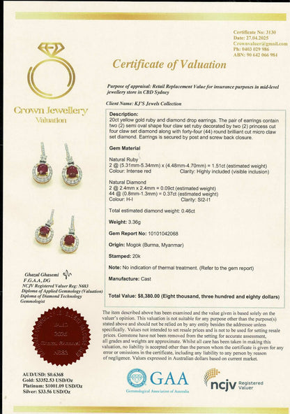 Natural unheated Burmese rubies (1.55CT) and natural diamond drop earrings in 20K solid gold