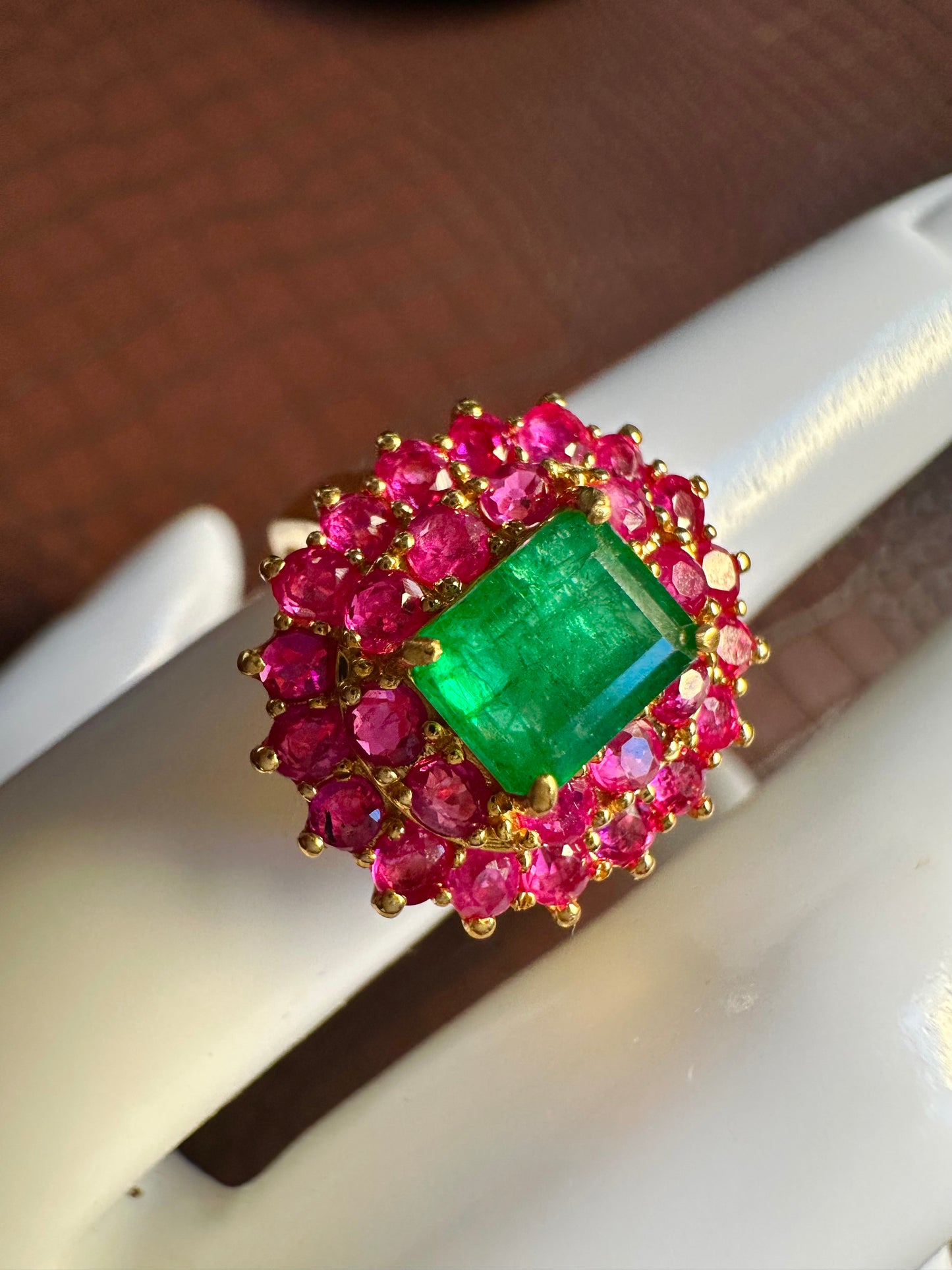 Natural Emerald with Mogok Burmese Rubies | 18ct Gold Halo Dress Ring