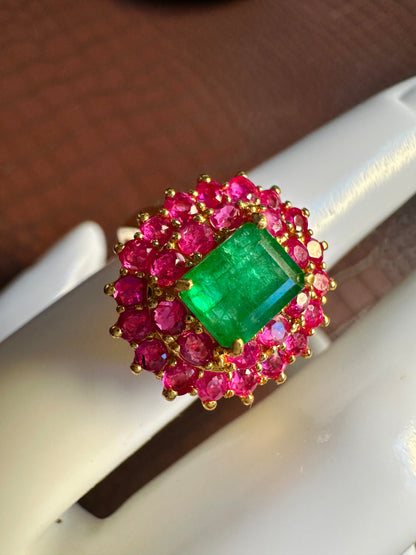 Natural Emerald with Mogok Burmese Rubies | 18ct Gold Halo Dress Ring