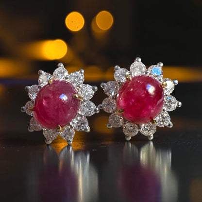 Natural Unheated Burmese Cabochon Ruby & Diamond Halo Stud Earrings | 3.00ct Rubies|18ct Solid Gold