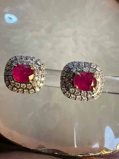 Natural unheated Burmese rubies (1.50CT) and natural diamond drop earrings in 20K solid gold