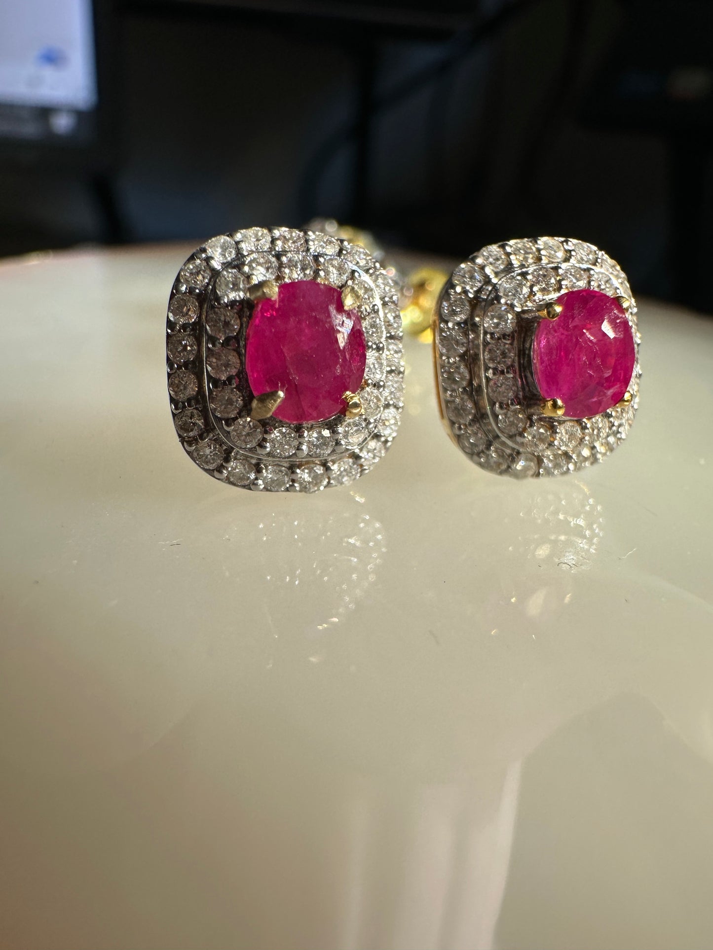 Natural unheated Burmese rubies (1.50CT) and natural diamond drop earrings in 20K solid gold