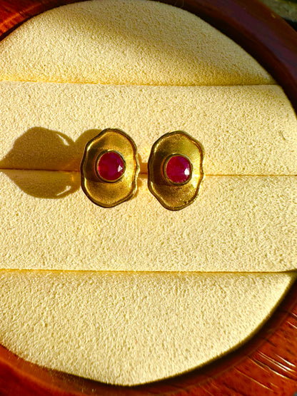 Hand-Hammered Artistic Gold and Natural Unheated Burmese Ruby Trio Set