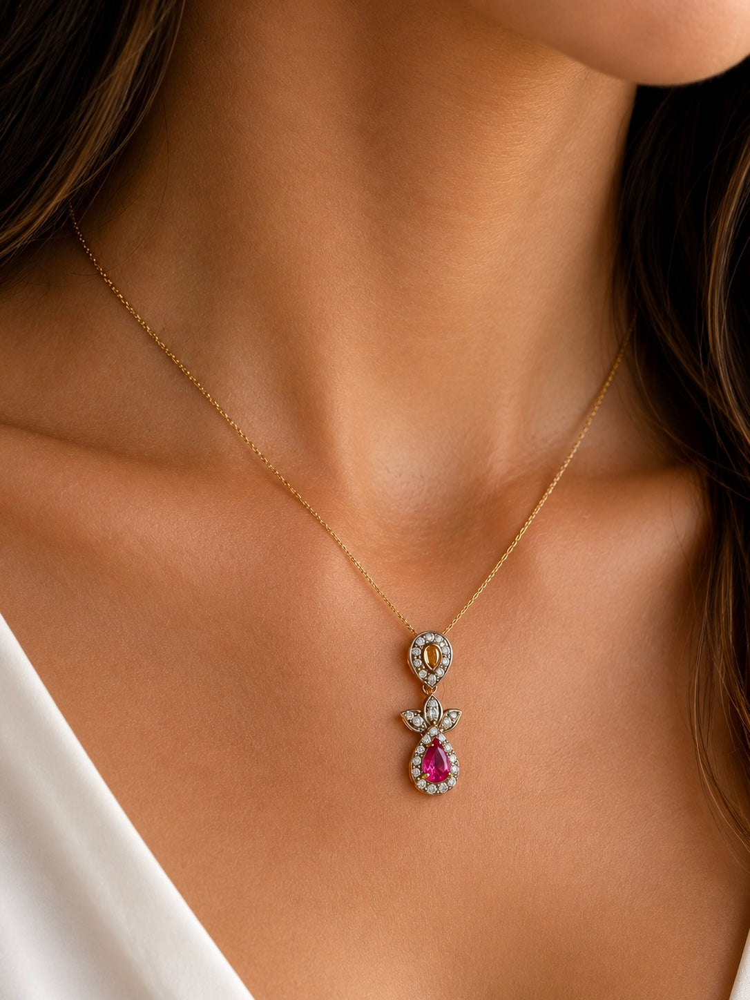 Natural Pink Sapphire & Diamond Halo Pendant in 20K Solid Gold with gold Necklace