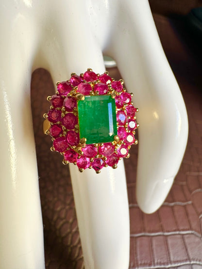 Natural Emerald with Mogok Burmese Rubies | 18ct Gold Halo Dress Ring