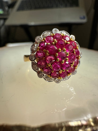 Pigeon Blood-Red Natural Unheated Burmese Ruby Sunburst Cluster Ring | Natural Diamonds | 20K Solid Gold