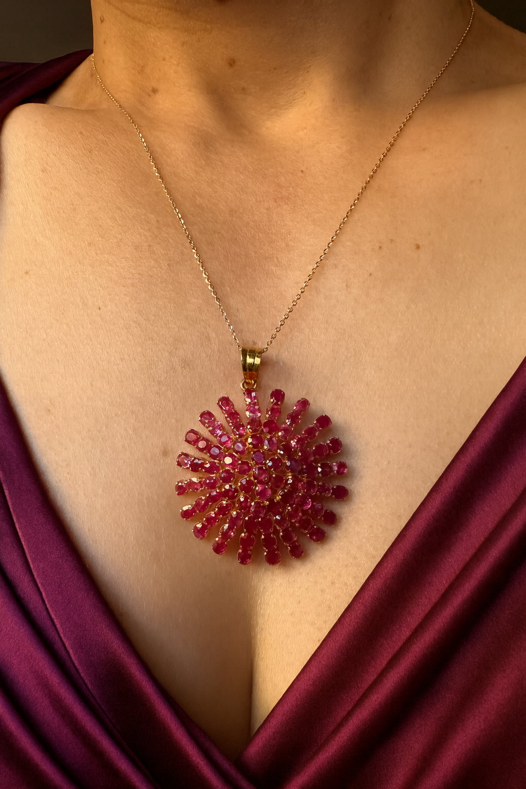 Majestic Natural Unheated Burmese Rubies Sunburst Pendant in 20K Solid Gold