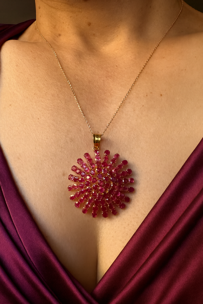 Majestic Natural Unheated Burmese Rubies Sunburst Pendant in 20K Solid Gold