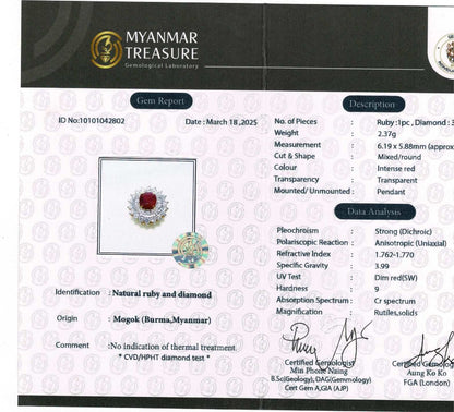 Two Halo Brilliance: Natural Diamonds & Natural Unheated Burmese Ruby (1CT) Pendant with Solid Gold Chain
