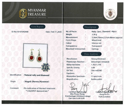 Natural unheated Burmese rubies (1.55CT) and natural diamond drop earrings in 20K solid gold
