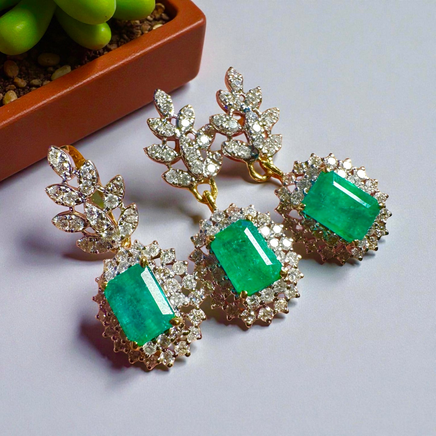 Emerald Cut Natural Emerald and Natural Diamonds Earrings and Pendant Set in 18K Solid Gold