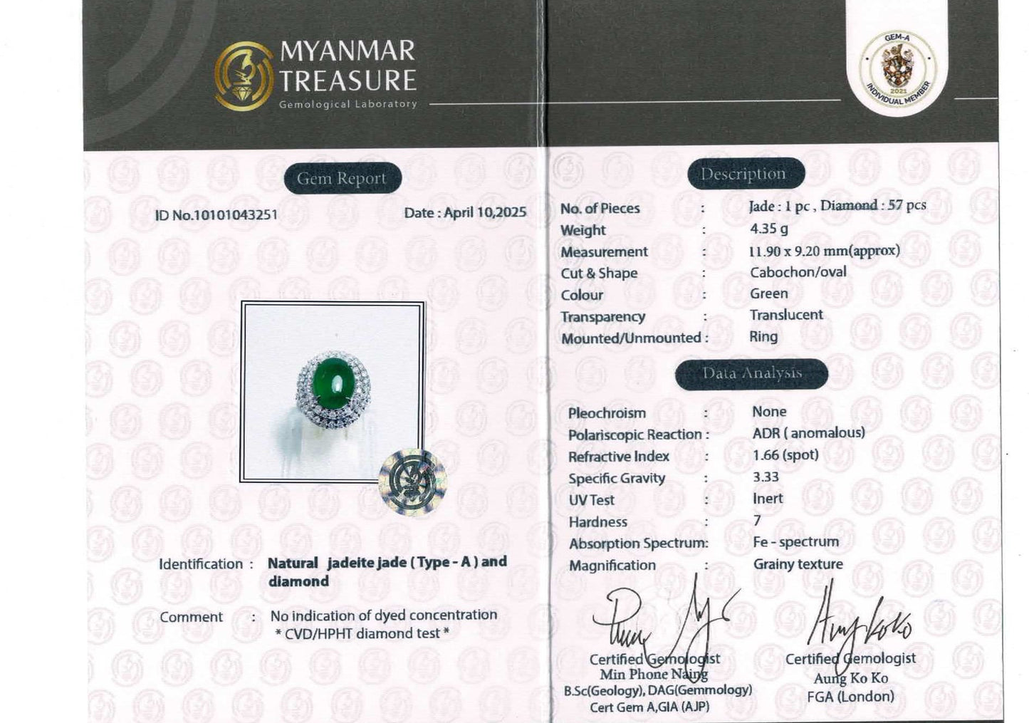 Natural Unheated Burmese Jadeite Jade (Type A) set with Double Halo Natural Diamonds in 18K Solid Gold.