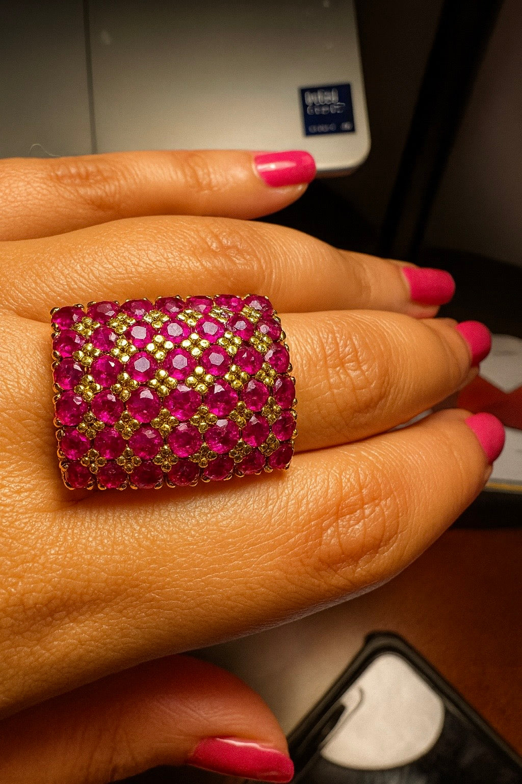 Vintage Style Burmese Unheated Ruby Dome Cluster Ring in 18ct Gold