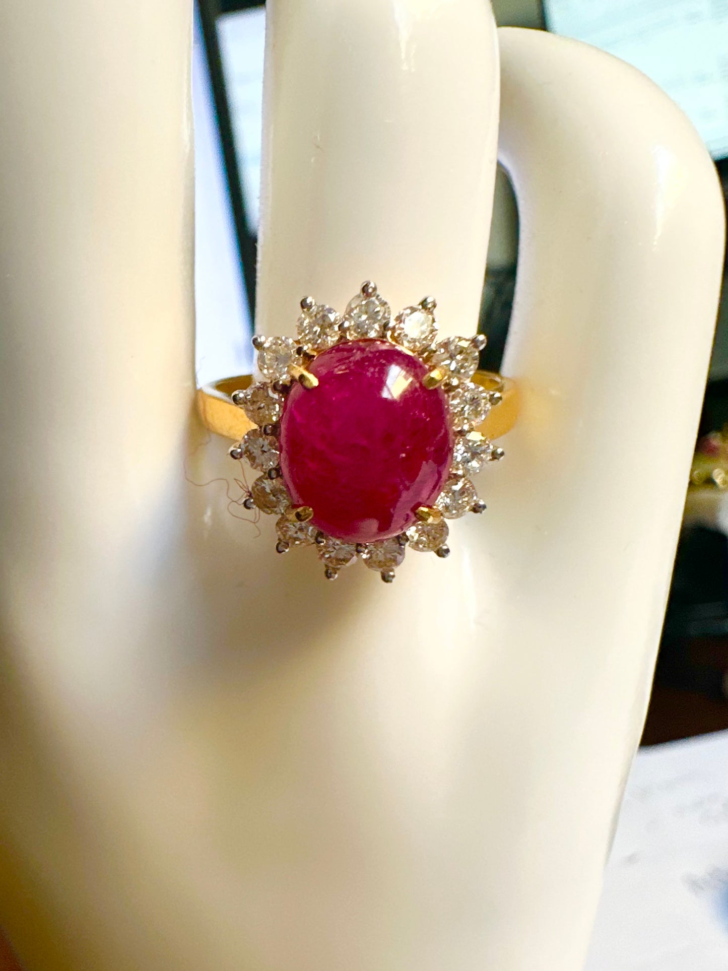 Natural Unheated Burmese Cabochon Ruby & Diamond Halo Ring | 4.67ct Ruby | 18ct Yellow Gold