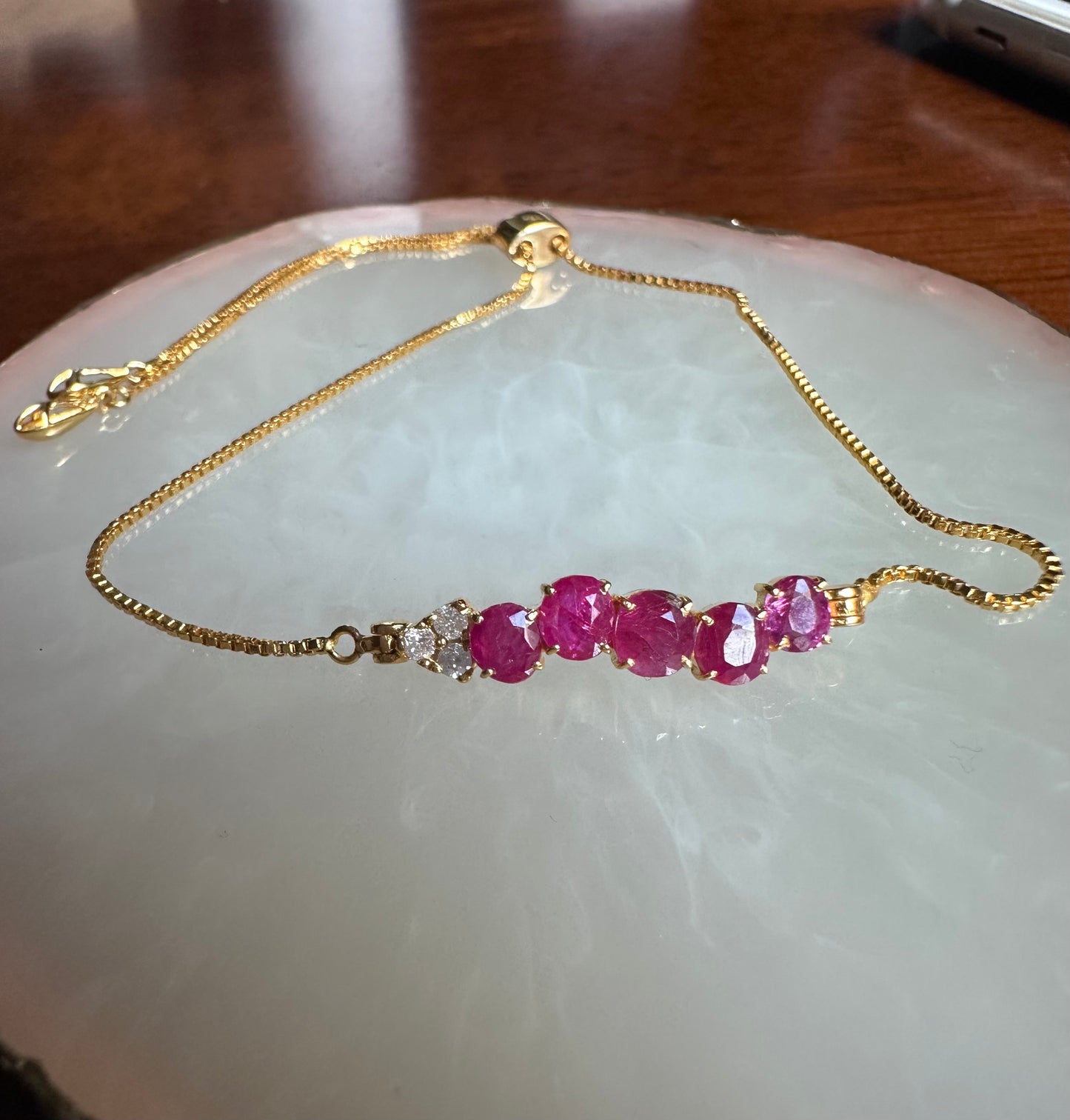 Elegant Natural Unheated Burmese Ruby & Diamond Adjustable Bracelet in 18ct Yellow Gold