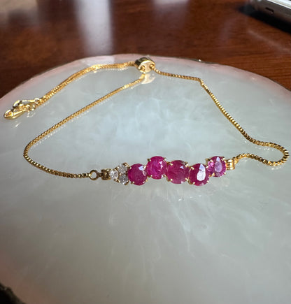 Elegant Natural Unheated Burmese Ruby & Diamond Adjustable Bracelet in 18ct Yellow Gold