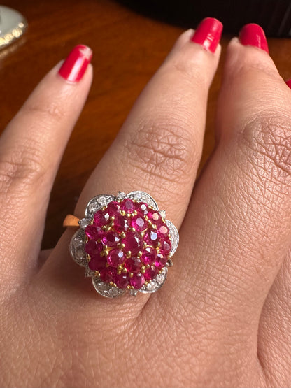 Pigeon Blood-Red Natural Unheated Burmese Ruby Sunburst Cluster Ring | Natural Diamonds | 20K Solid Gold