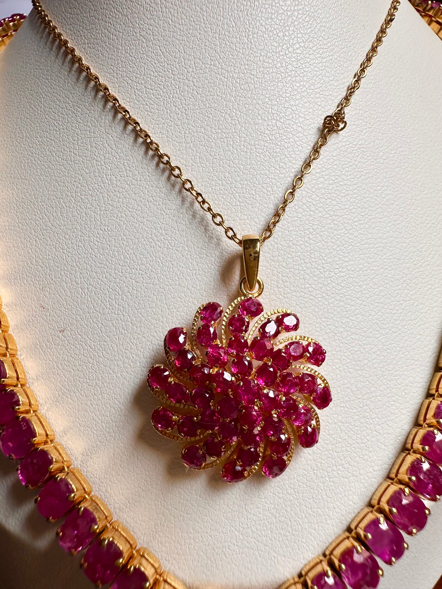 Floral Style Natural Unheated Burmese Rubies Sunburst Pendant in 20K Solid Gold