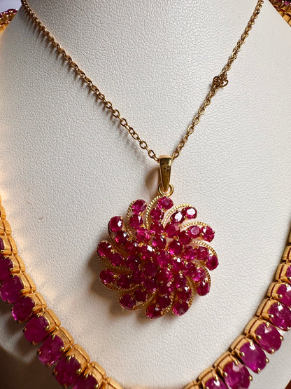 Floral Style Natural Unheated Burmese Rubies Sunburst Pendant in 20K Solid Gold