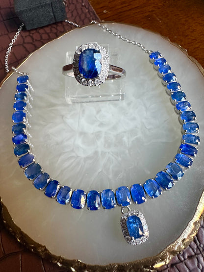 Emerald Cut Natural Unheated Burmese Sapphires and Diamonds Necklace