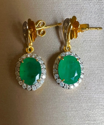 Timeless Natural Emerald & Diamond Dangle Earrings in 20K Solid Gold