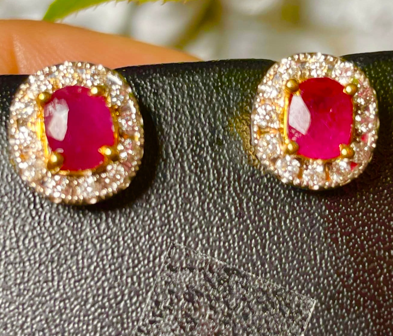Natural unheated Burmese rubies (1.5CT) and natural diamond earrings in 20K solid gold