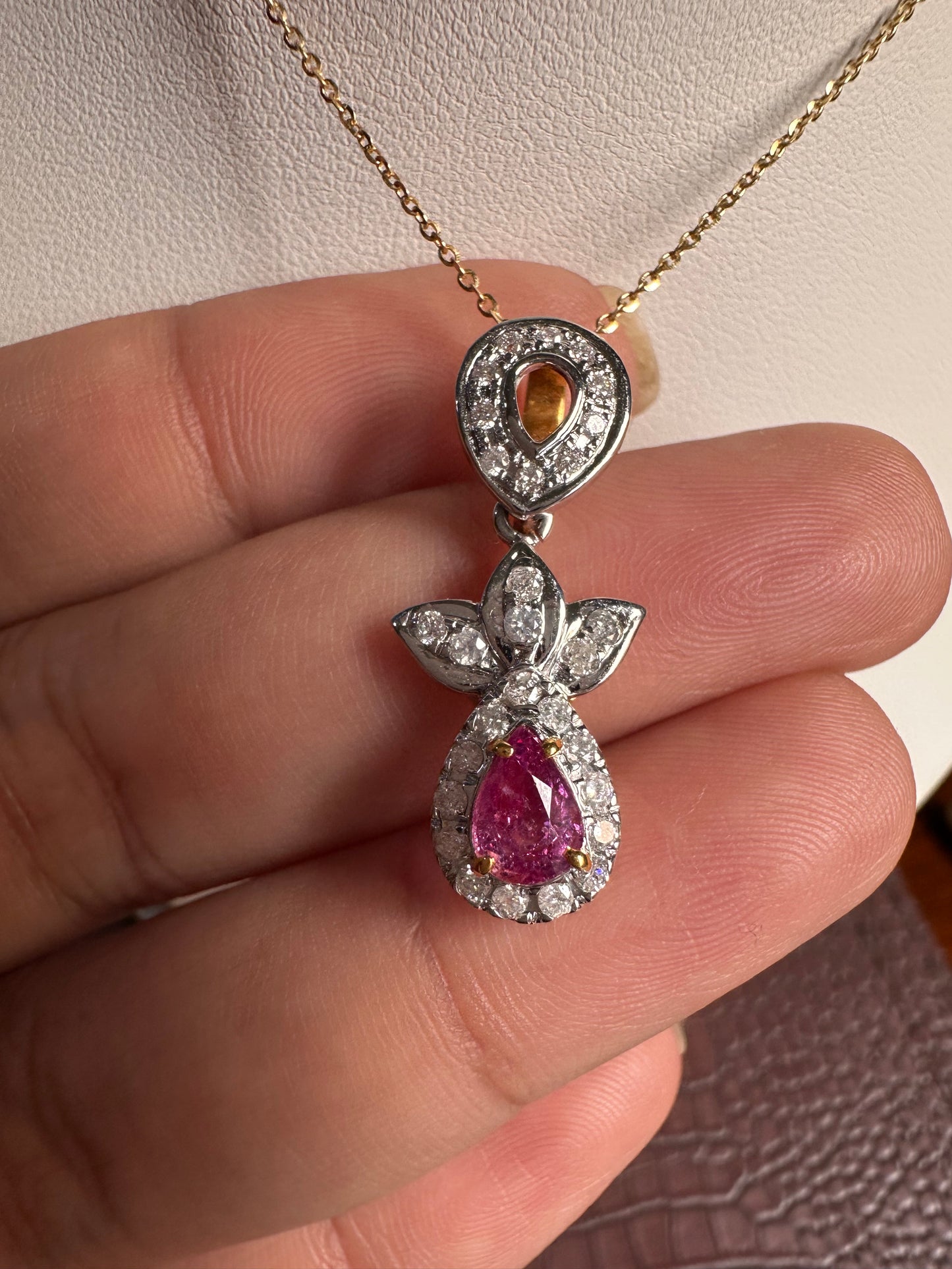 Natural Pink Sapphire & Diamond Halo Pendant in 20K Solid Gold with gold Necklace