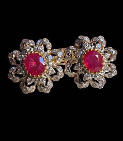 Vintage Bloom – Natural Unheated Burmese Ruby & Diamond Floral Earrings in 20K Solid Gold