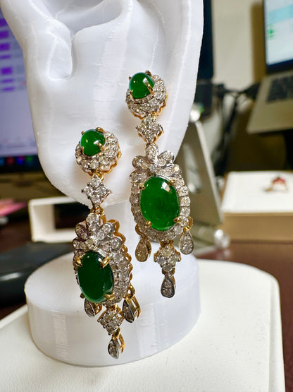 Two Step Drop Earrings Natural Untreated Burmese Jadeite with Diamonds