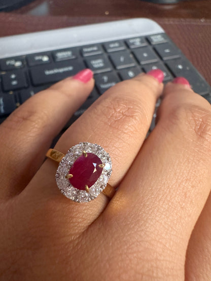 Natural Unheated Burmese Ruby (1.45ct) Diamond Halo Engagement Ring – 18K Yellow Gold