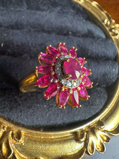 Vintage Sunflower Design Burmese Natural Unheated Ruby (2.65CT) and Diamonds Ring in 20K Solid Gold