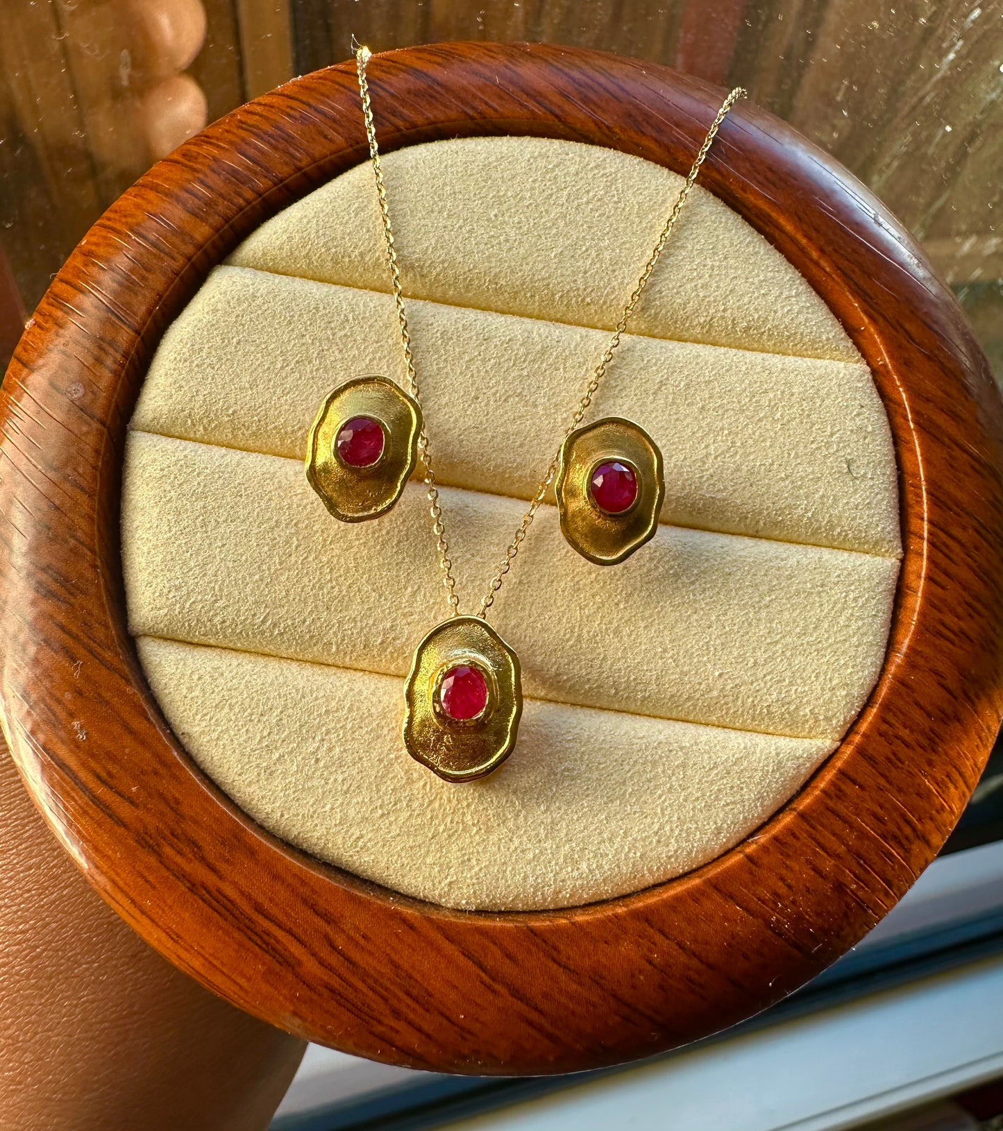 Hand-Hammered Artistic Gold and Natural Unheated Burmese Ruby Trio Set