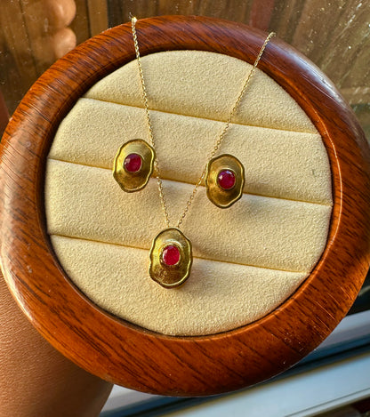 Hand-Hammered Artistic Gold and Natural Unheated Burmese Ruby Trio Set