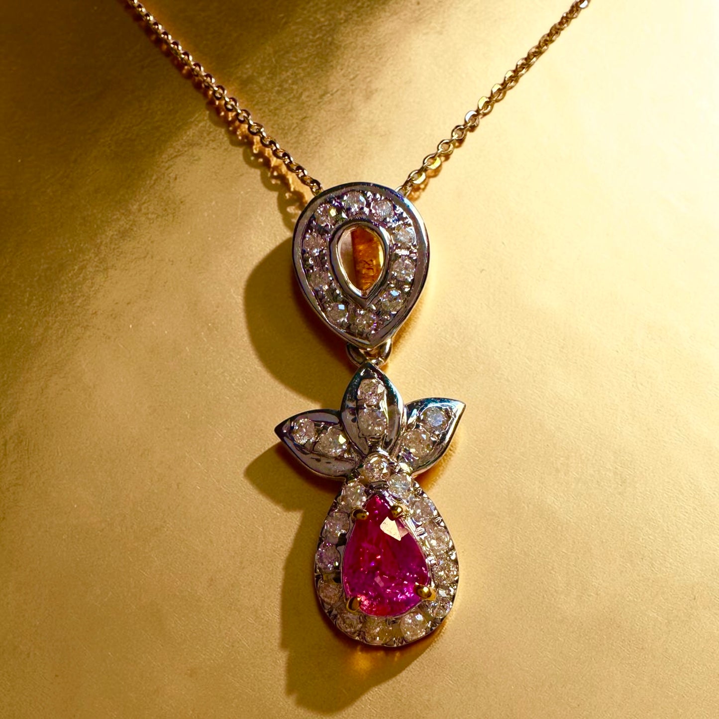 Natural Pink Sapphire & Diamond Halo Pendant in 20K Solid Gold with gold Necklace