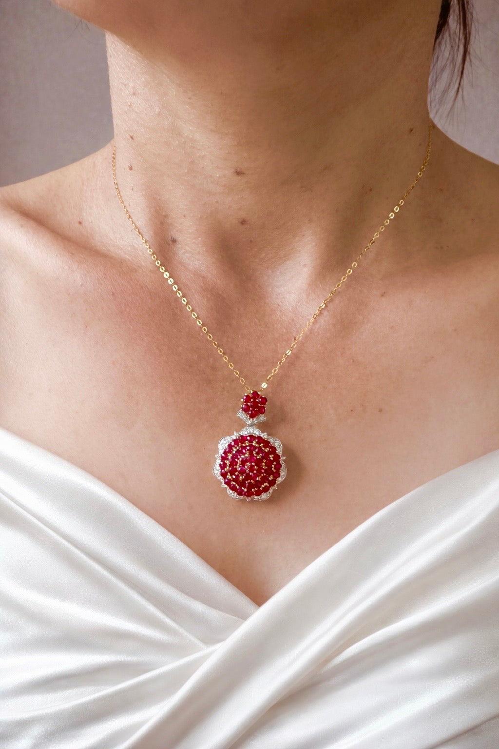 Pigeon Blood-Red Natural Unheated Burmese Ruby & Diamond Pendant in 20K Gold