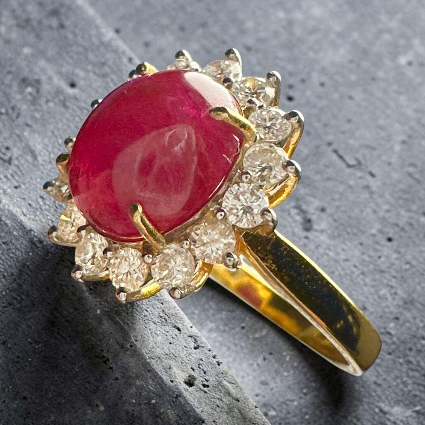 Natural Unheated Burmese Cabochon Ruby & Diamond Halo Ring | 4.67ct Ruby | 18ct Yellow Gold
