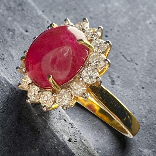 Natural Unheated Burmese Cabochon Ruby & Diamond Halo Ring | 4.67ct Ruby | 18ct Yellow Gold