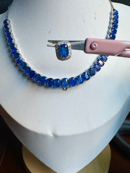 Emerald Cut Natural Unheated Burmese Sapphires and Diamonds Necklace
