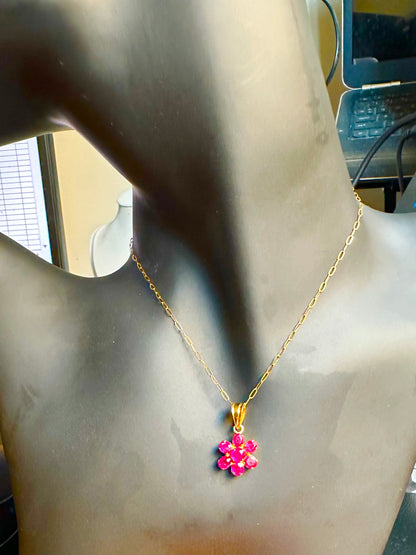 Flower Pendant with Natural Unheated Burmese Rubies in Solid Gold Chain.