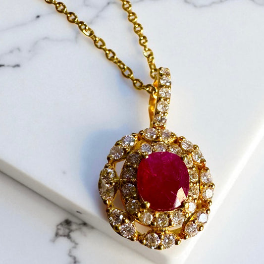 Natural Burmese Unheated Ruby & Diamond Halo Pendant (Matching Earrings Available)