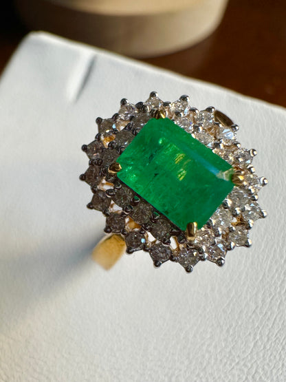 Emerald Cut Natural Emerald and Natural Diamonds Ring in 18K Solid Gold