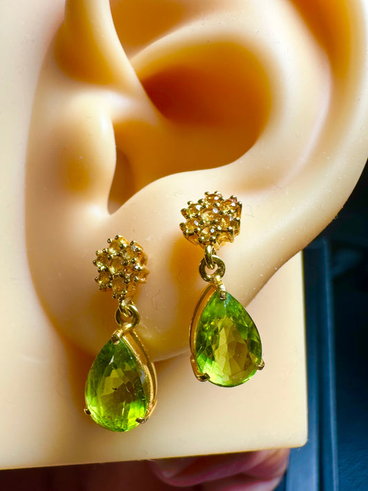 Natural Unheated Burmese Peridot (3.2 CT) and NaturalYellow Sapphire Earrings in 18K Solid Gold