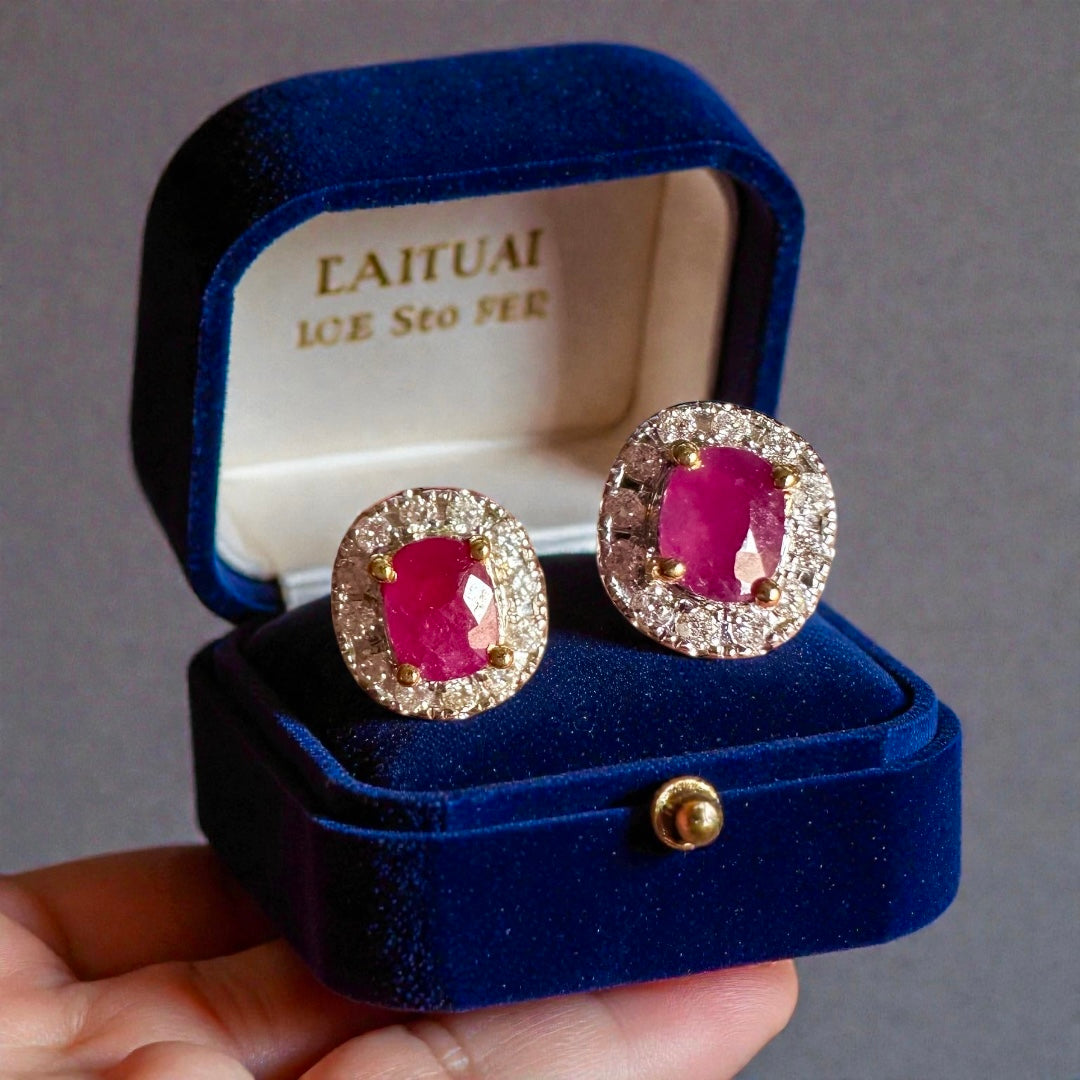 Natural unheated Burmese rubies (1.5CT) and natural diamond earrings in 20K solid gold
